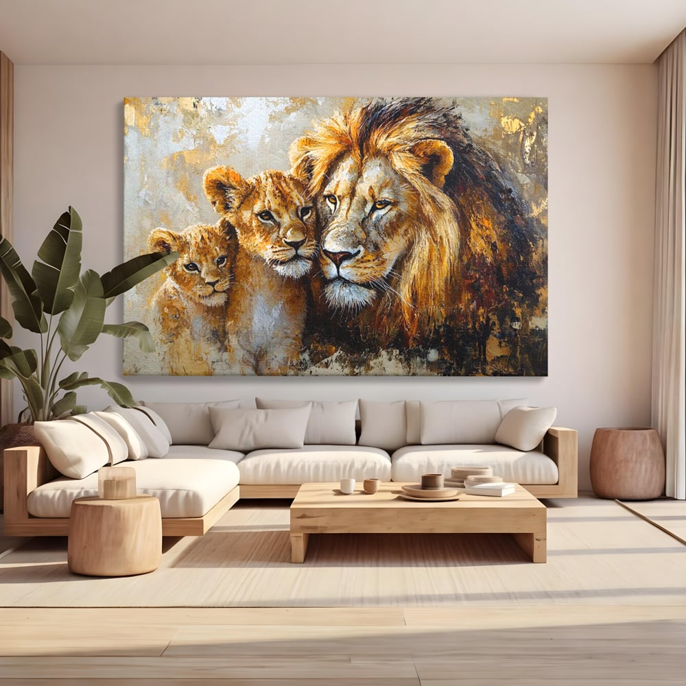 Tablou canvas cu tablou cu leu adult si doi pui, fara rama, pe sasiu de lemn, pe perete intr-un living